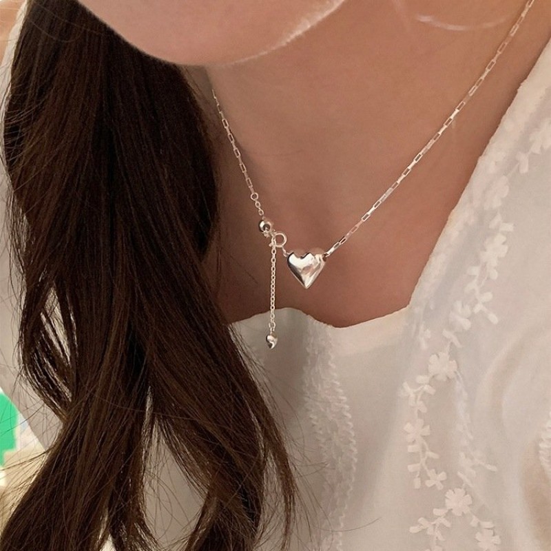 Womens Minimalist Heart-Shaped Necklace With Tassel Pull-String Design