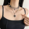 Dark Glittering Star Pendant Rivet Leather Necklace