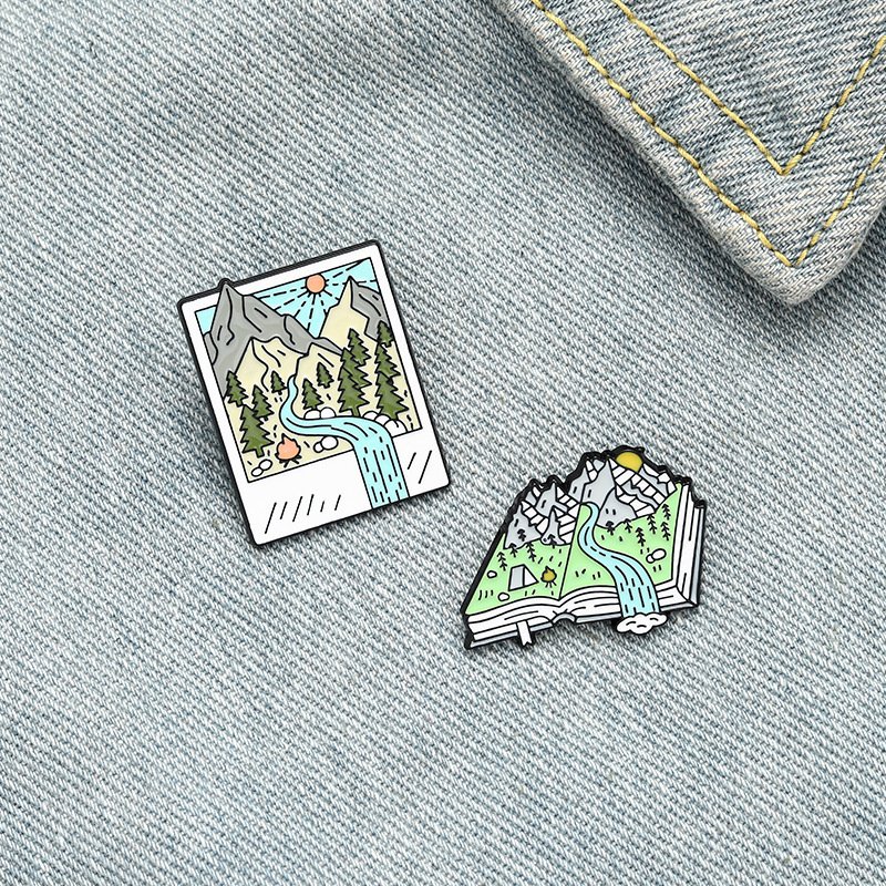 Landscape Picture Ornament Brooch Mountain Peak River Ticket Book Shape Brooch