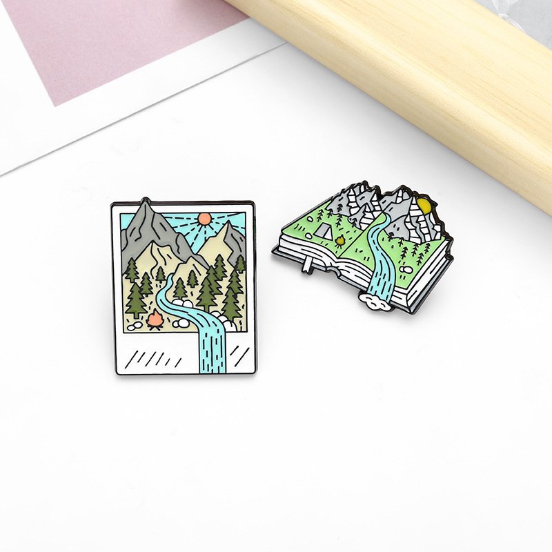 Landscape Picture Ornament Brooch Mountain Peak River Ticket Book Shape Brooch