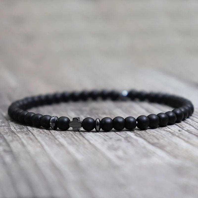Men's Black Obsidian Cross Volcanic Stone Bracelet