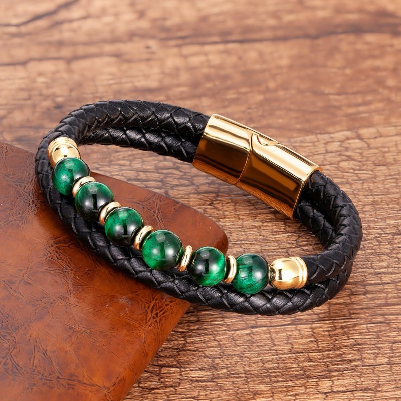 Stainless Steel Jewelry Tigers Eye Bead Double-strand Braided Leather Cord Bracelet