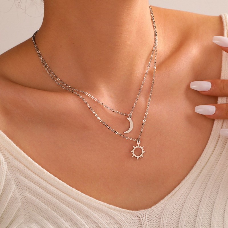 Creative Stainless Steel Star And Moon Pendant Necklace Set