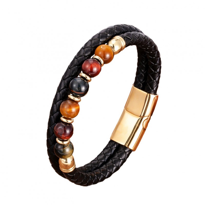 Stainless Steel Jewelry Tigers Eye Bead Double-strand Braided Leather Cord Bracelet