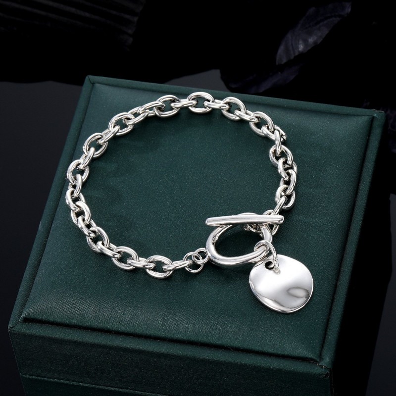 Hip-hop Trendy Old Silver Round-plaque Chain Retro OT-clasp Punk-style Bracelet