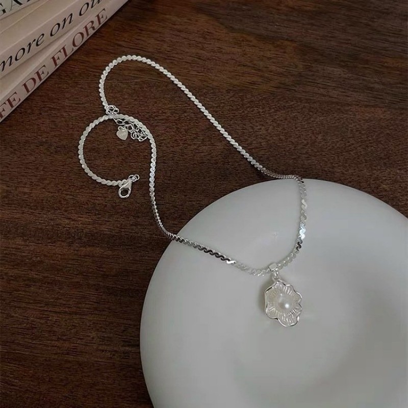 S925 Sterling Silver Poached Egg Pearl Snake Chain Necklace