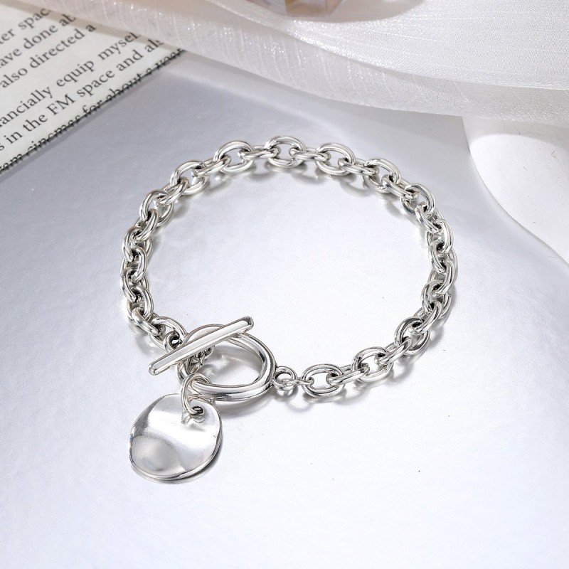 Hip-hop Trendy Old Silver Round-plaque Chain Retro OT-clasp Punk-style Bracelet