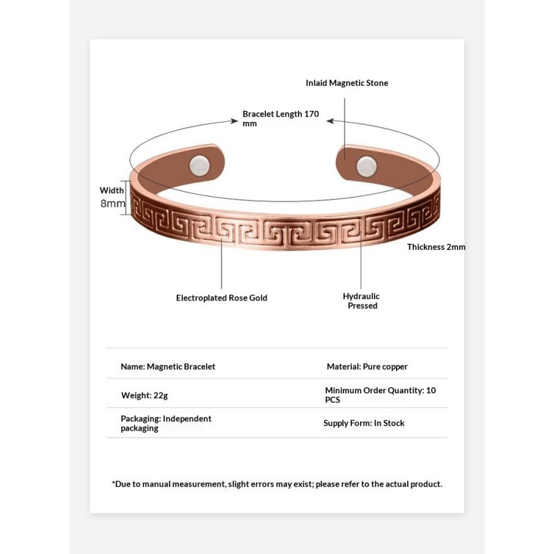 Pure Copper Womens Magnetic Health-Boosting Bracelet With Great Wall Pattern Simple Open-End Design