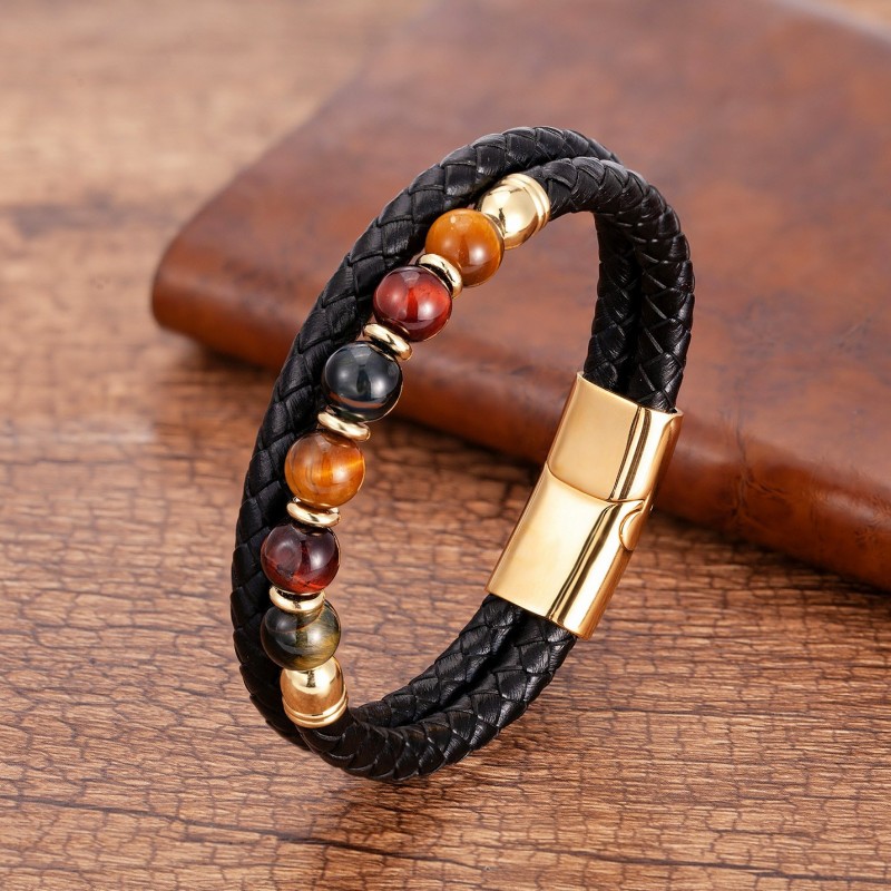 Stainless Steel Jewelry Tigers Eye Bead Double-strand Braided Leather Cord Bracelet