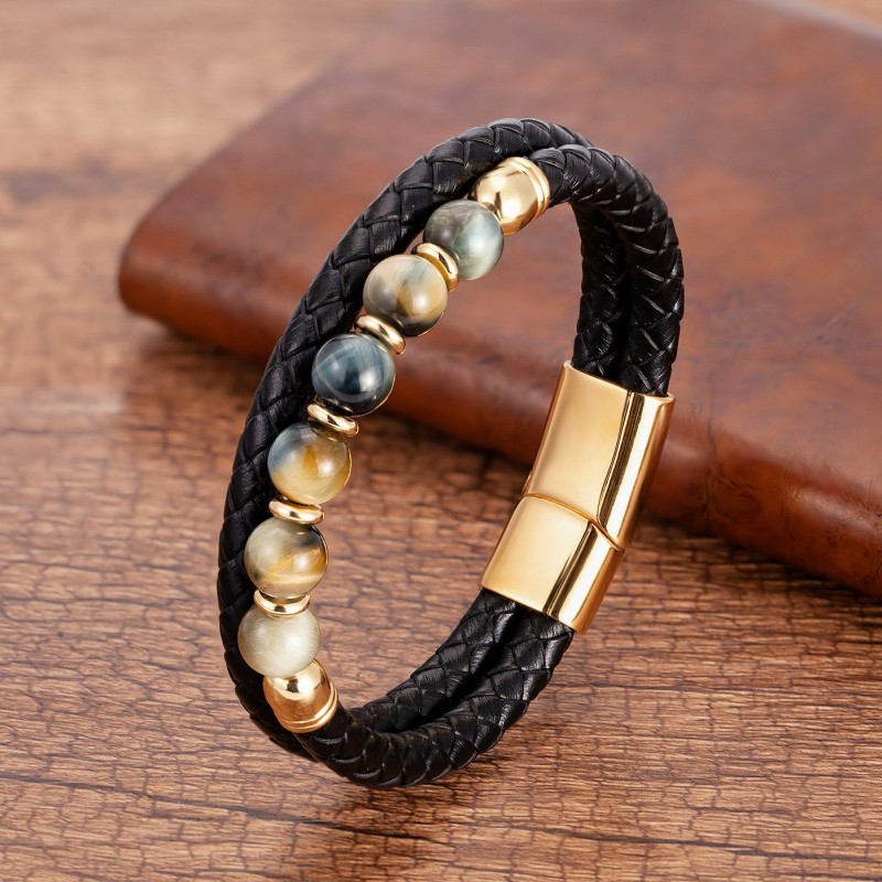 Stainless Steel Jewelry Tigers Eye Bead Double-strand Braided Leather Cord Bracelet