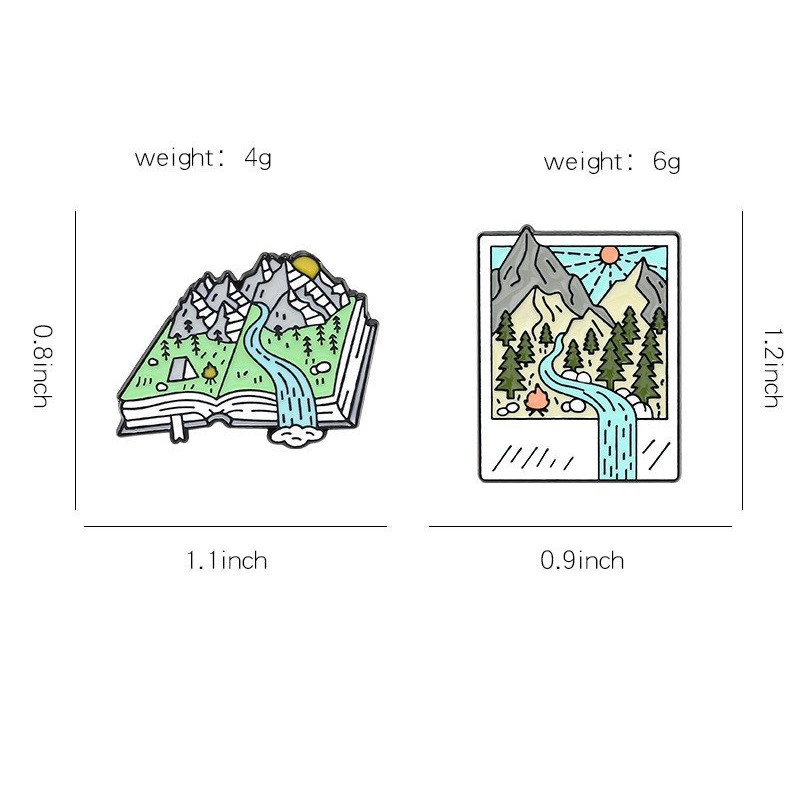 Landscape Picture Ornament Brooch Mountain Peak River Ticket Book Shape Brooch
