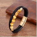 Stainless Steel Jewelry Tigers Eye Bead Double-strand Braided Leather Cord Bracelet