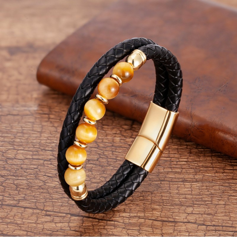 Stainless Steel Jewelry Tigers Eye Bead Double-strand Braided Leather Cord Bracelet