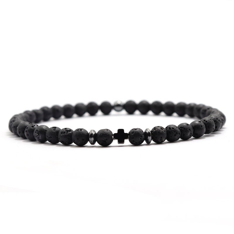 Men's Black Obsidian Cross Volcanic Stone Bracelet