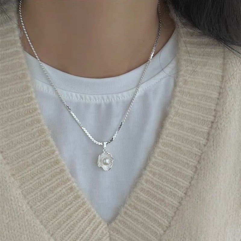 S925 Sterling Silver Poached Egg Pearl Snake Chain Necklace