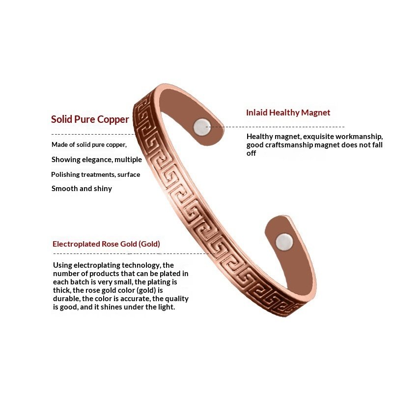 Pure Copper Womens Magnetic Health-Boosting Bracelet With Great Wall Pattern Simple Open-End Design