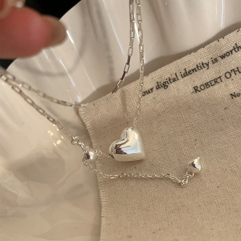 Womens Minimalist Heart-Shaped Necklace With Tassel Pull-String Design