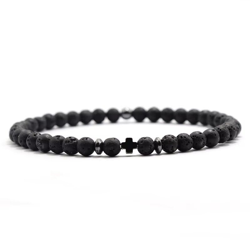 Men's Black Obsidian Cross Volcanic Stone Bracelet