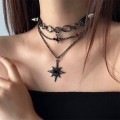 Dark Glittering Star Pendant Rivet Leather Necklace