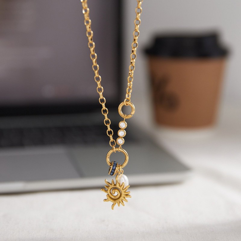 Spiral Solar Pendant Titanium Steel Freshwater Pearl Necklace